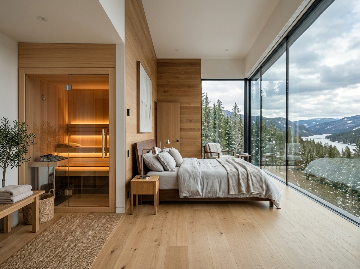 Luxury bedroom with modular Scandinavian indoor wooden sauna suite