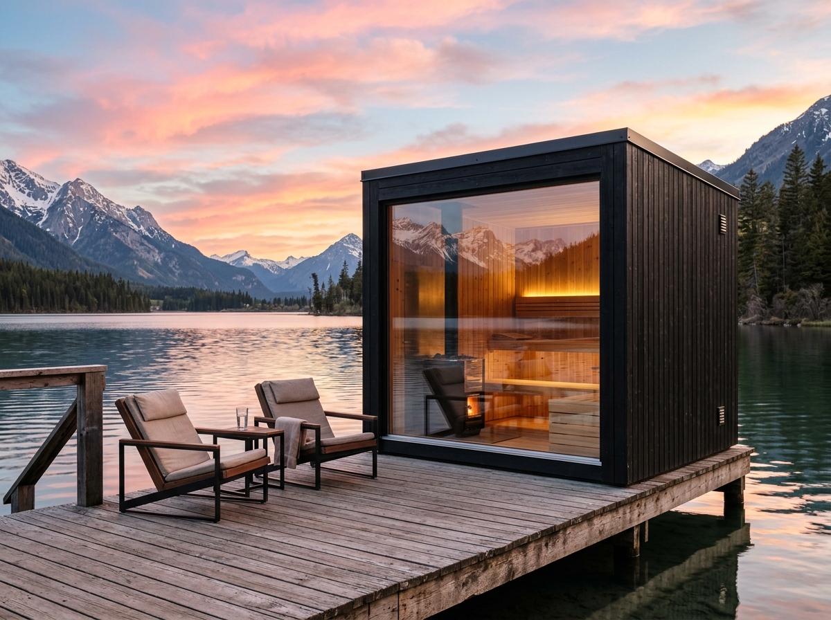 Modern outdoor black cube sauna on wooden dock over mountain lake at sunset