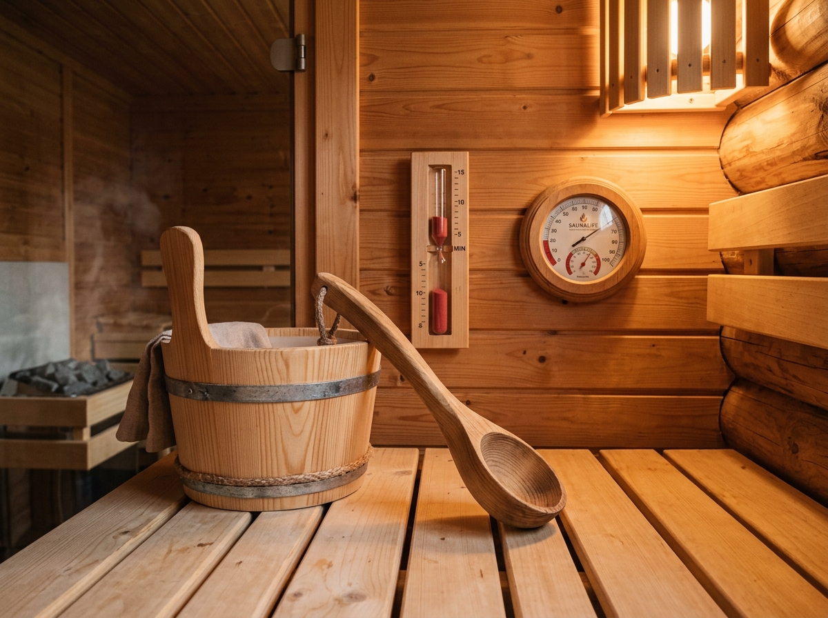 Traditional wooden sauna bucket, ladle, sand timer and SaunaLife thermometer dial